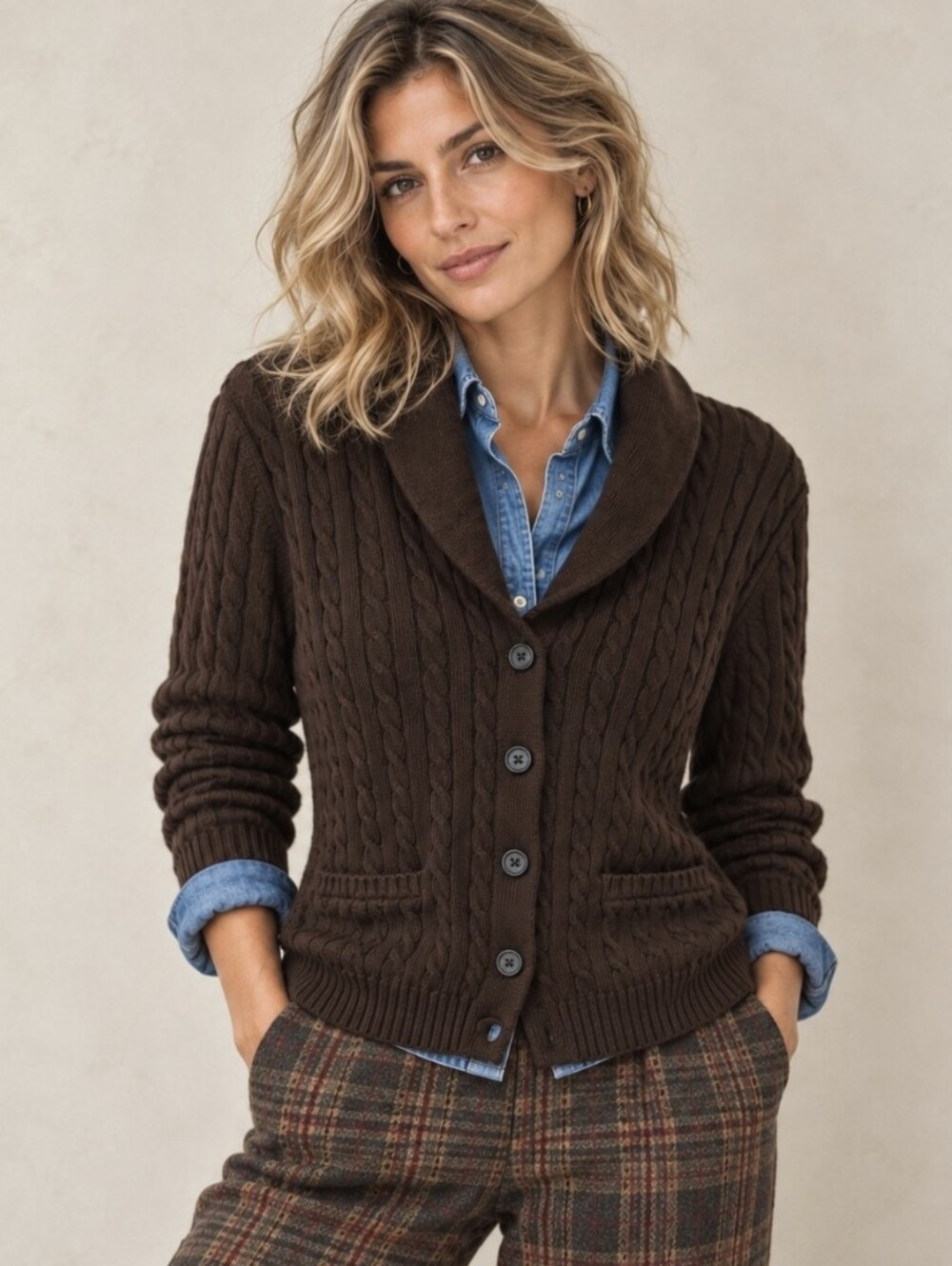 Lauren Ralph Lauren Shawl Collar Cableknit Cardigan Sweater Chocolate Brown Sz L